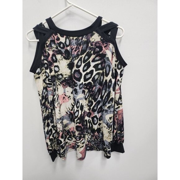 White Birch Womens Tunic Top Large Black Animal Print Strappy Cold Shoulder - Picture 2 of 9